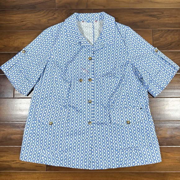 Marina Rinaldi Sport Size 31 / US 22 Blue White V Print Cotton Blazer Jacket
